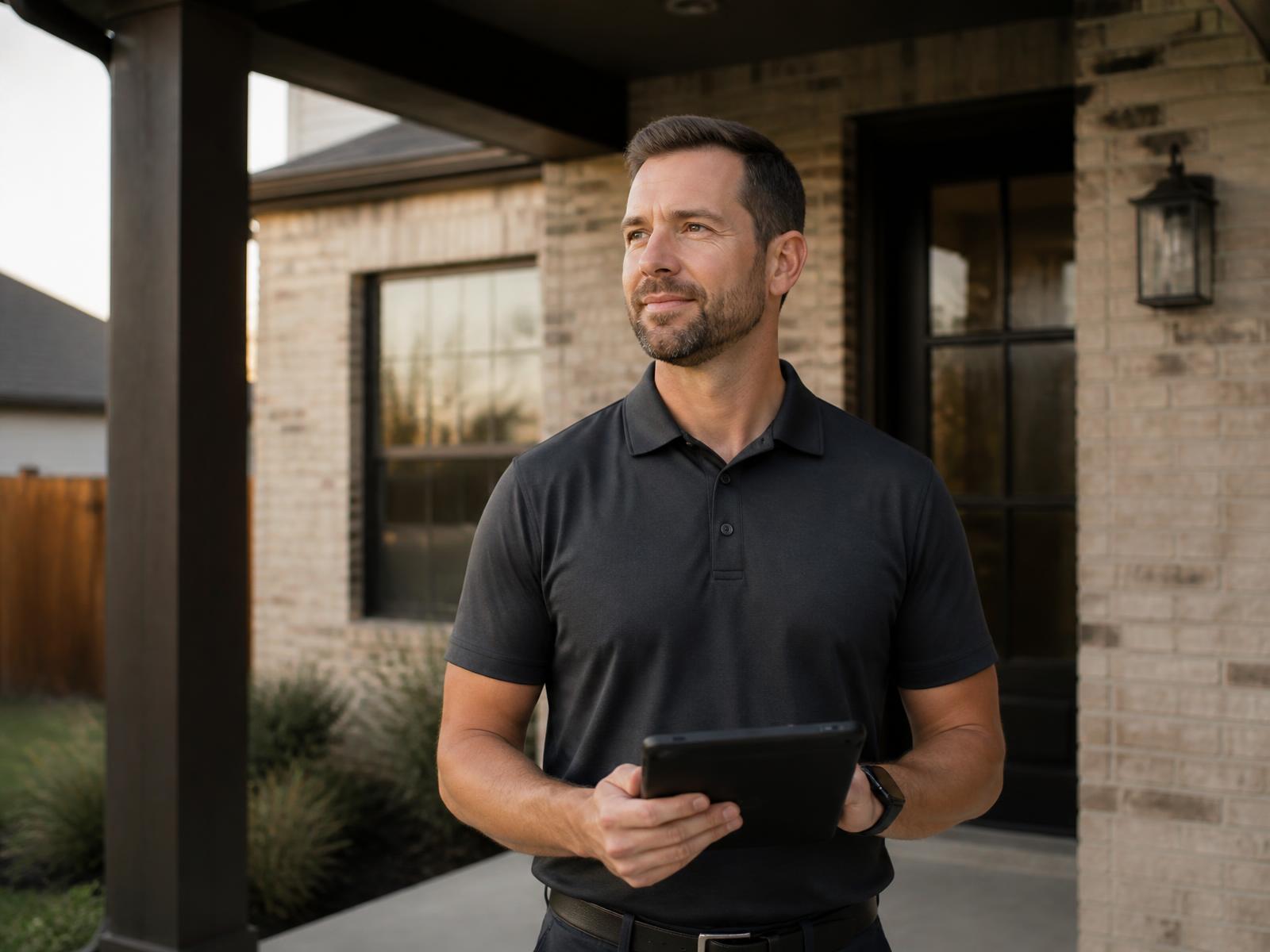 EyeNSpect inspector reviewing findings on a tablet outside a home